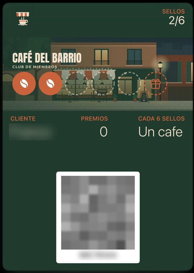 Tarjeta de sellos del Café del Barrio guardada en Apple Wallet: 2 de 6 sellos